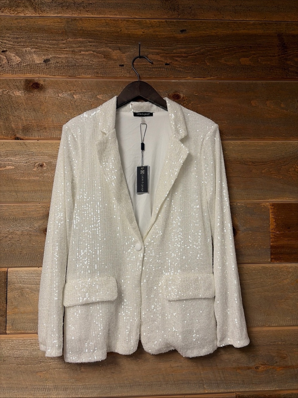 Cable & Gauge Sequin Jacket S White Shimmer Festive Blazer Disco Party NWT